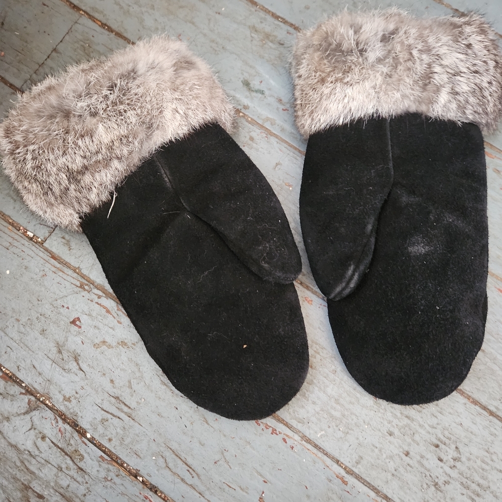 Vintage Handmade Black Suede Rabbit Fur Ladies Mittens Sz M